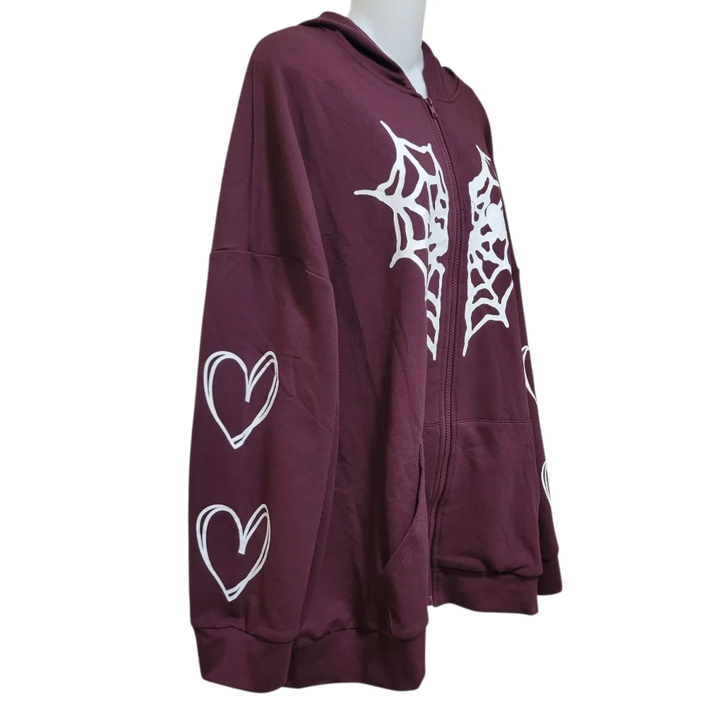 Oversized Y2K Zip Up Gothic Spider Web Heart Graphic Sweatshirt Hoodie - NWOT